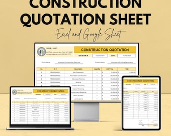 May include: A promotional image for a construction quotation sheet, available in Excel and Google Sheet formats. The image displays the sheet on a computer monitor, laptop, and tablet, with the text "We're offering 50%! CONSTRUCTION QUOTATION SHEET."