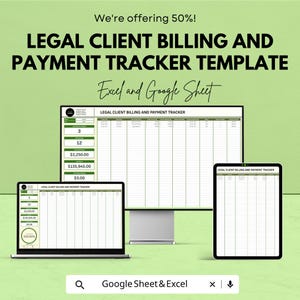 Peut inclure: Un modèle numérique pour le suivi de la facturation et des paiements des clients juridiques, affiché sur un ordinateur portable, un moniteur de bureau et une tablette. Le modèle est conçu pour Excel et Google Sheets. Le texte "We're offering 50%!"