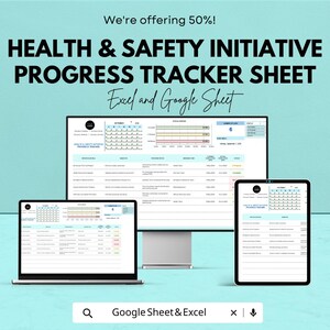 Puede incluir: Un fondo turquesa con el texto "We're offering 50%! HEALTH & SAFETY INITIATIVE PROGRESS TRACKER SHEET Excel and Google Sheet." Un portátil, un monitor de escritorio y una tableta muestran la hoja de seguimiento. La parte inferior de la imagen dice "Google Sheet & Excel."