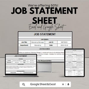 May include: A digital marketing job statement sheet, displayed on a laptop, desktop monitor, and tablet. The sheet includes job details, description, and key responsibilities. The text "We're offering 50%!" is at the top.