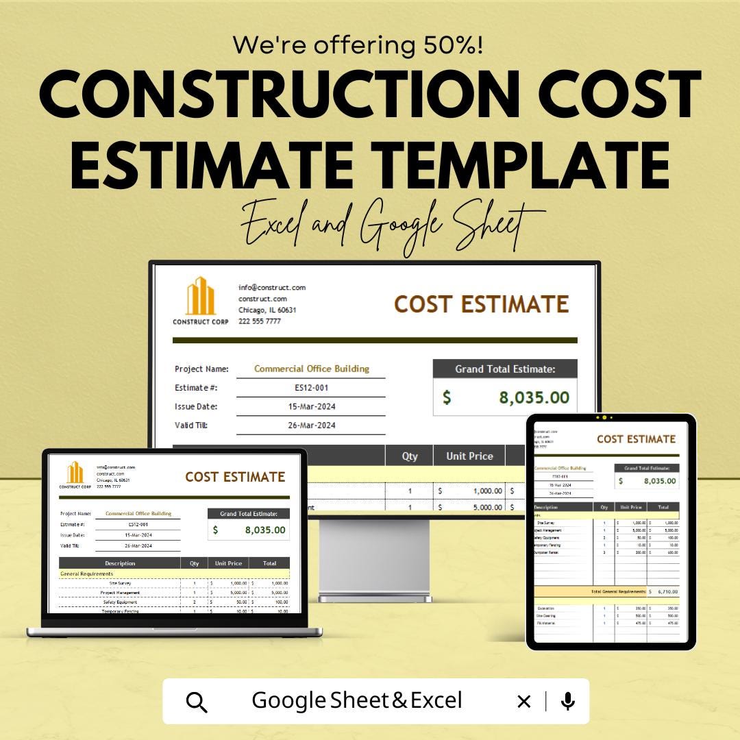 Construction Cost Estimate Template | Excel & Google Sheets | Building ...