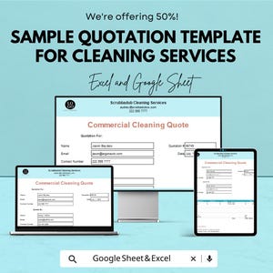May include: A digital mockup of a sample quotation template for cleaning services, displayed on a laptop, desktop monitor, and tablet. The template includes fields for name, email, and contact number. The text reads "We're offering 50%!" and "Excel and Google Sheet."