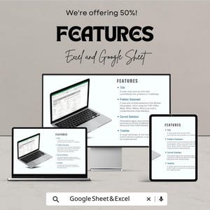 Peut inclure: Publicit&eacute; pour les fonctionnalit&eacute;s d'Excel et de Google Sheet. L'image montre un ordinateur portable, une tablette et un &eacute;cran d'ordinateur affichant le mot "FEATURES" et des puces d&eacute;crivant les fonctionnalit&eacute;s. Le texte "We're offering 50%!" est &eacute;galement visible.