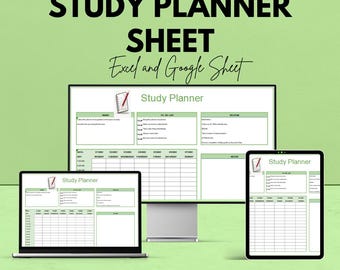 May include: A digital study planner sheet displayed on a computer monitor, laptop, and tablet. The text "STUDY PLANNER SHEET" is at the top, with "Excel and Google Sheet" below. The planner includes sections for tasks, to-do lists, and a weekly schedule.
