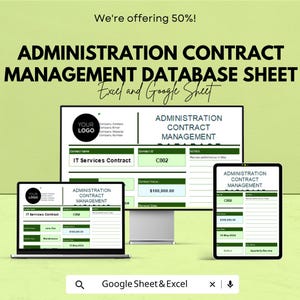 Administration Contract Management Database Sheet – Excel & Google Sheets – Contract Tracking, Renewal Reminders, and Compliance Tool