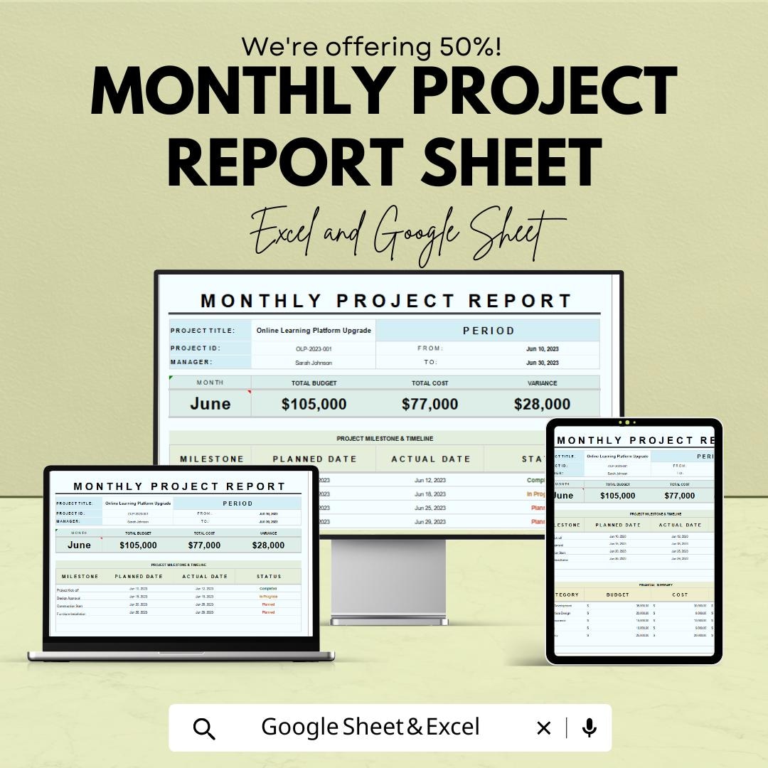 Monthly Project Report Sheet | Excel & Google Sheets Template | Project ...