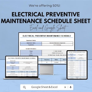 Könnte beinhalten: Eine digitale Grafik, die ein Wartungsplan für elektrische Präventivmaßnahmen bewirbt. Der Text lautet "ELECTRICAL PREVENTIVE MAINTENANCE SCHEDULE SHEET Excel and Google Sheet". Das Bild zeigt den Zeitplan auf einem Laptop, einem Desktop-Monitor und einem Tablet.