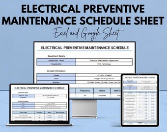 May include: A digital graphic promoting an electrical preventive maintenance schedule sheet. The text reads "ELECTRICAL PREVENTIVE MAINTENANCE SCHEDULE SHEET Excel and Google Sheet." The image shows the schedule on a laptop, desktop monitor, and tablet.