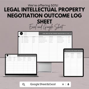 May include: A digital display of a Legal Intellectual Property Negotiation Outcome Log Sheet, available in Excel and Google Sheet formats. The image shows the sheet on a laptop, desktop monitor, and tablet. The text "We're offering 50%!" is at the top.