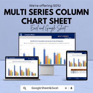 May include: A promotional image for a multi-series column chart sheet, compatible with Excel and Google Sheets. The image displays the chart on a laptop, desktop monitor, and tablet. The chart visualizes monthly fruit consumption data by age group.