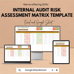 May include: An advertisement for an Internal Audit Risk Assessment Matrix Template. The image shows a laptop, a desktop monitor, and a tablet displaying the template. The text includes "We're offering 50%!" and "Excel and Google Sheet."