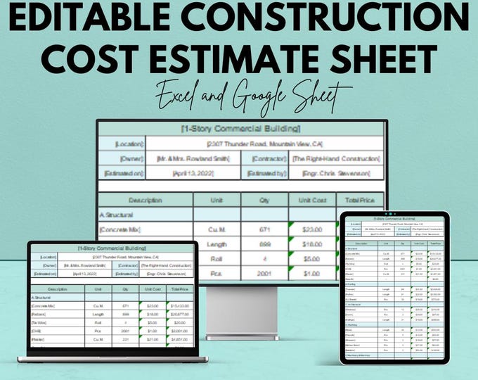 Construction Cost Estimate Template: Excel Spreadsheet Planner - Etsy ...