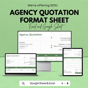 Könnte beinhalten: Werbung für ein Agentur-Angebotsformular, verfügbar in Excel- und Google Sheet-Formaten. Das Bild zeigt einen Computermonitor, einen Laptop und ein Tablet, auf denen das Angebotsformular angezeigt wird. Der Text enthält "We're offering 50%!" und "Agency Quotation Format Sheet."