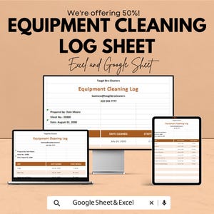 Mall för rengöringslogg för utrustning | Google Sheets och Excel | Städschema | Underhållsspårning | Digital loggbok