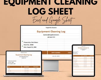 May include: An advertisement for an equipment cleaning log sheet, available in Excel and Google Sheet formats. The image displays the log on a laptop, desktop monitor, and tablet. The text includes "Equipment Cleaning Log" and "We're offering 50%!"