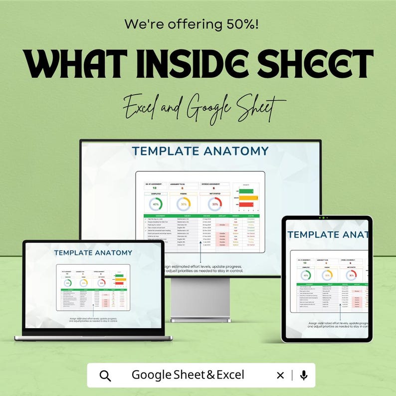 May include: An advertisement for a spreadsheet template, displayed on a laptop, desktop monitor, and tablet. The text reads "WHAT INSIDE SHEET" and "Excel and Google Sheet". The screens show a template with charts and data.