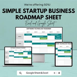 Może przedstawiać: Obraz marketingowy promujący "Simple Startup Business Roadmap Sheet" dla Excela i Arkuszy Google. Obraz przedstawia komputer stacjonarny, laptop i tablet wyświetlające mapę drogową. Tekst zawiera "Oferujemy 50%!"
