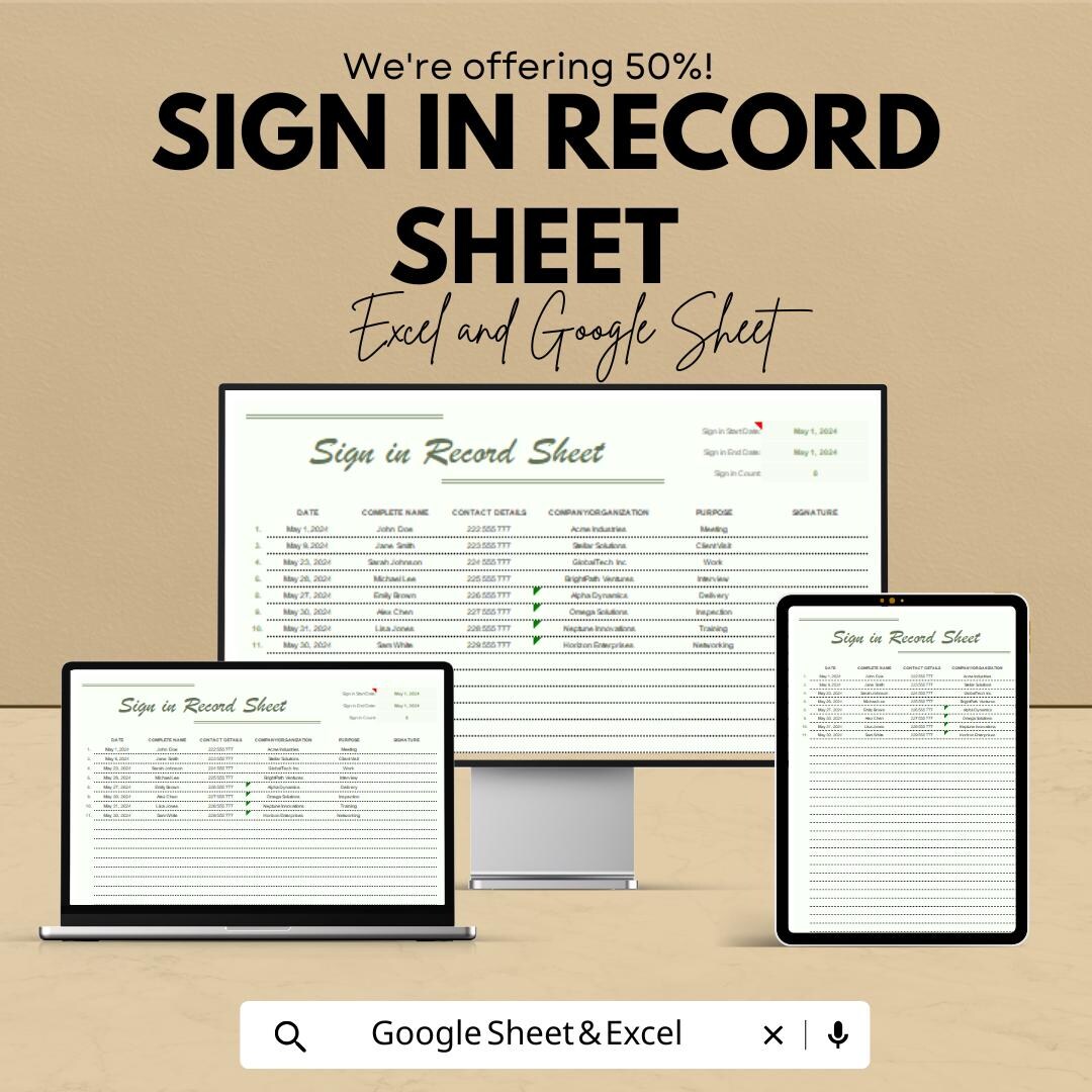 Sign in Record Sheet Visitor Log Template Excel & Google Sheets
