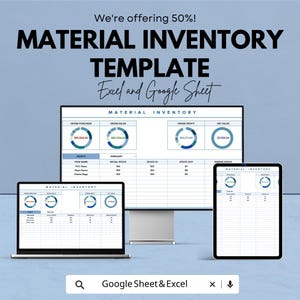 May include: A digital material inventory template displayed on a laptop, desktop monitor, and tablet. The template shows financial data, including gross purchase, sales, and profit. The text "MATERIAL INVENTORY TEMPLATE Excel and Google Sheet" is displayed at the top.