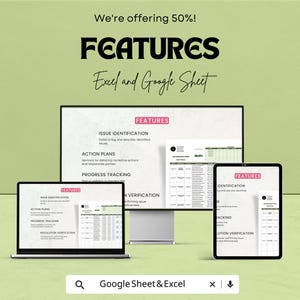 May include: An advertisement for Excel and Google Sheet features. The image shows a laptop, desktop monitor, and tablet displaying spreadsheet layouts with the word "FEATURES" in pink. Text includes "Issue Identification", "Action Plans", and "Progress Tracking". The top text reads "We're offering 50%!"
