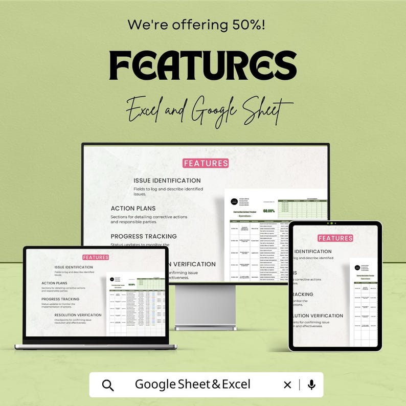 May include: An advertisement for Excel and Google Sheet features. The image shows a laptop, desktop monitor, and tablet displaying spreadsheet layouts with the word "FEATURES" in pink. Text includes "Issue Identification", "Action Plans", and "Progress Tracking". The top text reads "We're offering 50%!"