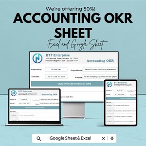 May include: An advertisement for accounting OKR sheets, offering a 50% discount. The image displays a laptop, desktop monitor, and tablet, each showcasing an accounting OKR sheet. The text includes "Excel and Google Sheet."