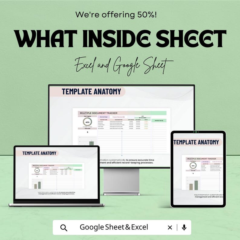 Op de afbeelding: Een advertentie voor een digitale sjabloon, weergegeven op een laptop, een computerscherm en een tablet. De tekst luidt "WHAT INSIDE SHEET" en "TEMPLATE ANATOMY". De achtergrond is lichtgroen met de tekst "Excel and Google Sheet".