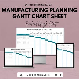 Può includere: Immagine promozionale per un foglio di diagramma di Gantt di pianificazione della produzione, visualizzato su un monitor di computer, un laptop e un tablet. Il testo include "We're offering 50%!" e "Excel and Google Sheet." Il grafico mostra una sequenza temporale con barre turchesi.