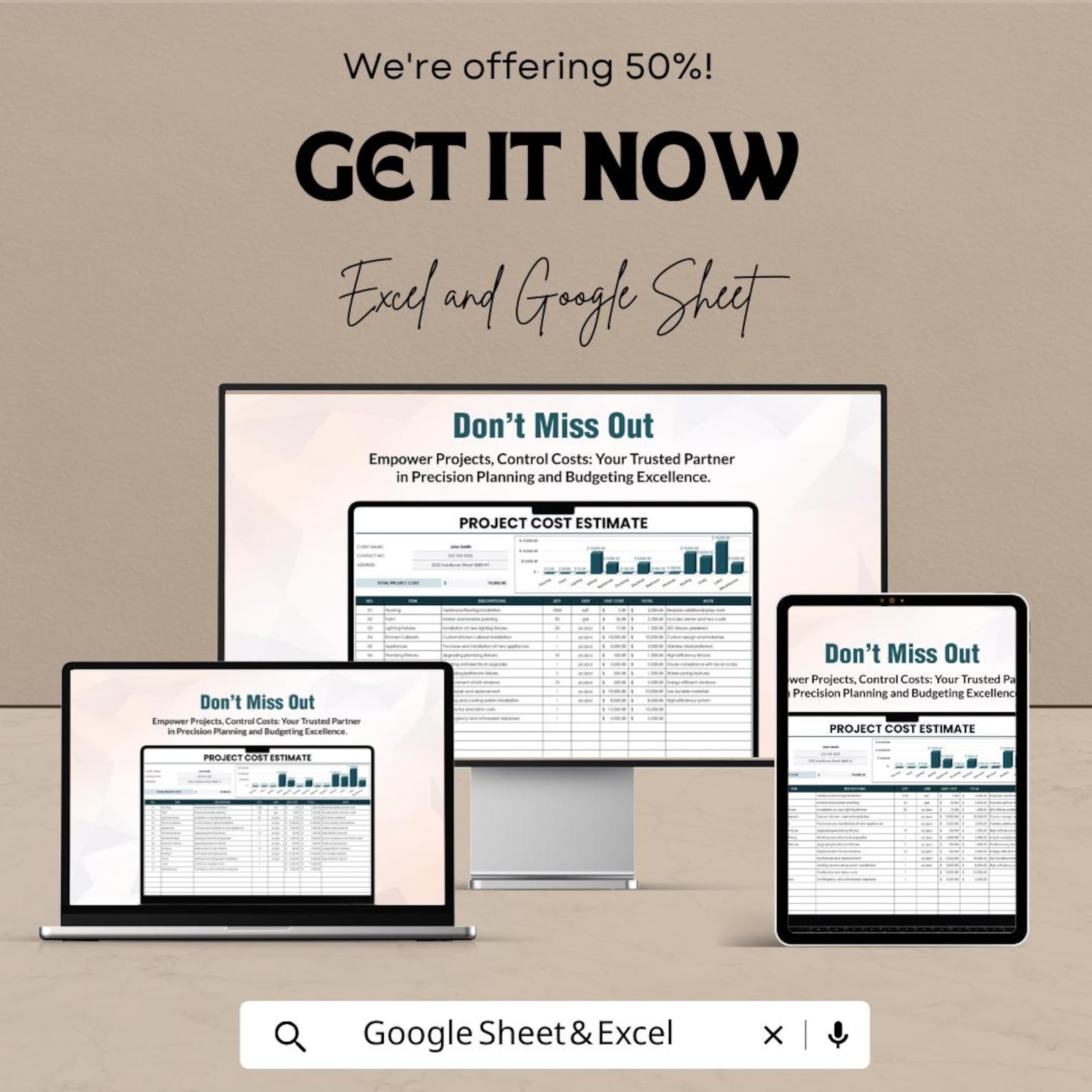 Project Cost Estimate Sheet | Excel and Google Sheets | Editable Budget ...