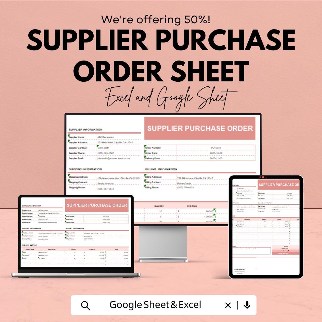 Supplier Purchase Order Sheet Google Sheets & Excel Template Procurement Form Business Order Tracker Editable PO Template
