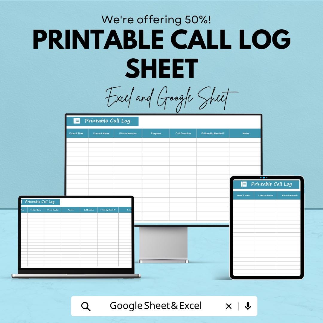 Printable Call Log Sheet | Excel & Google Sheets Template | Track Calls ...