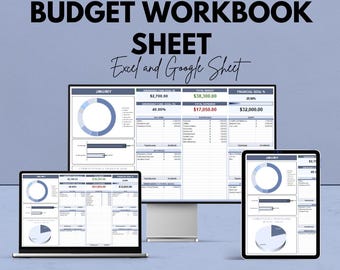 May include: A digital budget workbook sheet displayed on a laptop, desktop monitor, and tablet. The text on the image reads "Budget Workbook Sheet" and "Excel and Google Sheet". The image also includes financial data and charts.