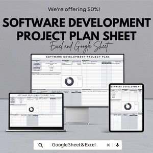 Puede incluir: Imagen digital que muestra una hoja de plan de proyecto de desarrollo de software. El texto dice "Software Development Project Plan Sheet" y "Excel and Google Sheet". La imagen se muestra en un monitor de ordenador, un portátil y una tableta. También hay un gráfico circular.