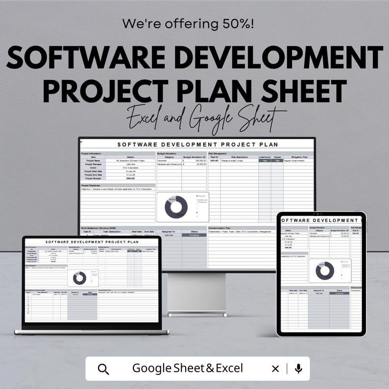 K&ouml;nnte beinhalten: Digitales Bild mit einem Software-Entwicklungsprojektplan. Der Text lautet "Software Development Project Plan Sheet" und "Excel and Google Sheet". Das Bild wird auf einem Computermonitor, einem Laptop und einem Tablet angezeigt. Ein Tortendiagramm ist ebenfalls zu sehen.