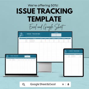 Op de afbeelding: Advertentie voor een sjabloon voor probleemtracering, weergegeven op een laptop, desktopmonitor en tablet. De tekst luidt "Issue Tracking Template" en "Excel and Google Sheet". De achtergrond is lichtblauw.