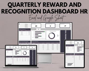 Puede incluir: Un panel digital que se muestra en un monitor de computadora, una computadora portátil y una tableta. El panel muestra gráficos y datos, con el texto "QUARTERLY REWARD AND RECOGNITION DASHBOARD HR Excel and Google Sheet". La imagen también incluye el texto "We're offering 50%!"