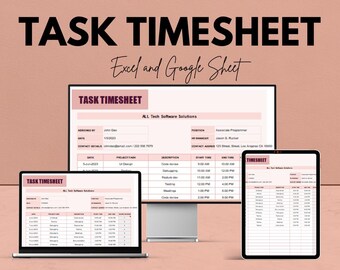 Puede incluir: Imagen promocional para una plantilla de hoja de tiempo de tareas, mostrada en un monitor de computadora, una computadora portátil y una tableta. El texto dice "TASK TIMESHEET" y "Excel and Google Sheet". La imagen también incluye el texto "We're offering 50%!" y una barra de búsqueda para "Google Sheet & Excel."