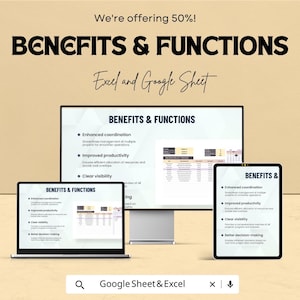 K&ouml;nnte beinhalten: Werbung f&uuml;r Excel- und Google Sheet-Software, die Vorteile und Funktionen auf einem Computermonitor, Laptop und Tablet zeigt. Der Text enth&auml;lt "Benefits & Functions" und "We're offering 50%!"