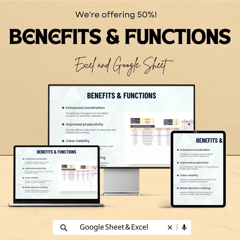 K&ouml;nnte beinhalten: Werbung f&uuml;r Excel- und Google Sheet-Software, die Vorteile und Funktionen auf einem Computermonitor, Laptop und Tablet zeigt. Der Text enth&auml;lt "Benefits & Functions" und "We're offering 50%!"
