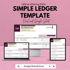 May include: A pink graphic promoting a Simple Ledger Template for Excel and Google Sheet. The image shows a computer monitor, laptop, and tablet displaying the template. The text includes "We're offering 50%!" and "Kiz Electronics."