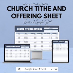 May include: An advertisement for a church tithe and offering sheet, displayed on a laptop, desktop monitor, and tablet. The text reads "We're offering 50%! CHURCH TITHE AND OFFERING SHEET Excel and Google Sheet."