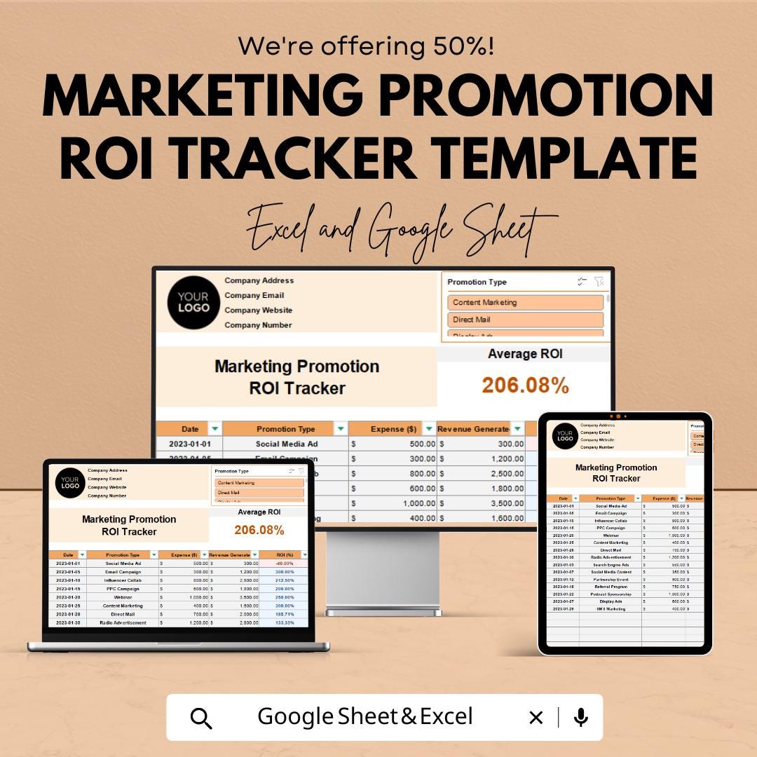Marketing Promotion ROI Tracker Template | Marketing ROI Spreadsheet ...
