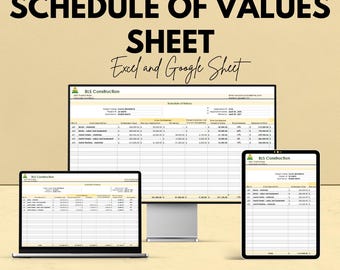 May include: A digital display of a "Schedule of Values" sheet, presented on a laptop, desktop monitor, and tablet. The text "We're offering 50%!" and "Excel and Google Sheet" are visible. The BLS Construction logo is displayed on each device.