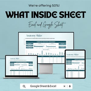 May include: An advertisement for a spreadsheet tool, displayed on a laptop, desktop monitor, and tablet. The text reads "WHAT INSIDE SHEET" and "Excel and Google Sheet." The screens show a computer inventory spreadsheet with charts and tables.