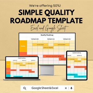 May include: An advertisement for a simple quality roadmap template. The image shows a computer monitor, laptop, and tablet displaying a roadmap. The text includes "Simple Quality Roadmap Template" and "Excel and Google Sheet."