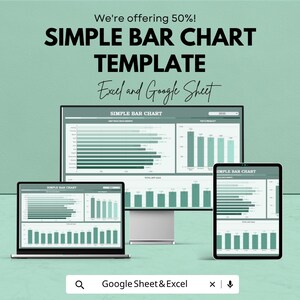 May include: A digital marketing image featuring a simple bar chart template. The image displays the template on a laptop, desktop monitor, and tablet. The text on the image says "SIMPLE BAR CHART TEMPLATE" and "Excel and Google Sheet". The background is a light green color.