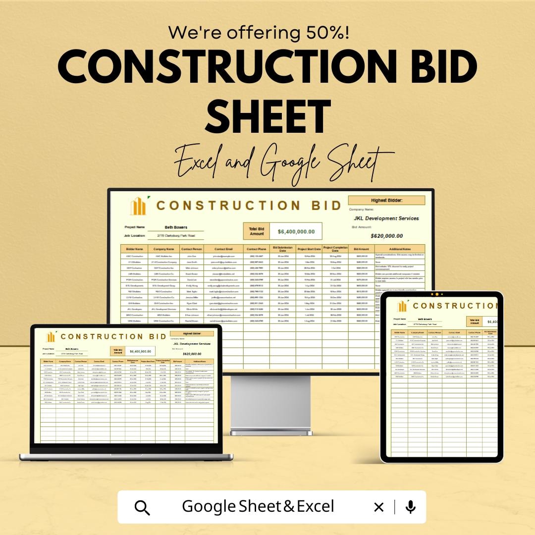 Construction Bid Sheet Template for Projects | Excel & Google Sheets ...