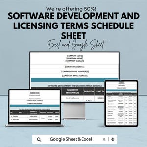 Puede incluir: Imagen de una hoja de programación de términos de desarrollo y licencias de software, que se muestra en una computadora portátil, un monitor de escritorio y una tableta. El texto incluye "We're offering 50%!" y "Excel and Google Sheet". La hoja incluye campos para la información de la empresa y los detalles de la programación.