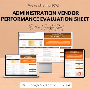 Puede incluir: Una imagen que muestra una hoja de evaluación del rendimiento del proveedor en una computadora portátil, un monitor de escritorio y una tableta. El texto dice "ADMINISTRATION VENDOR PERFORMANCE EVALUATION SHEET" y "Excel and Google Sheet". La imagen también dice "We're offering 50%!"