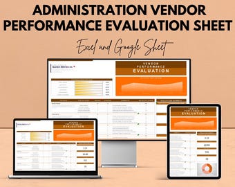 May include: An image showcasing a vendor performance evaluation sheet on a laptop, desktop monitor, and tablet. The text reads "ADMINISTRATION VENDOR PERFORMANCE EVALUATION SHEET" and "Excel and Google Sheet". The image also states "We're offering 50%!"
